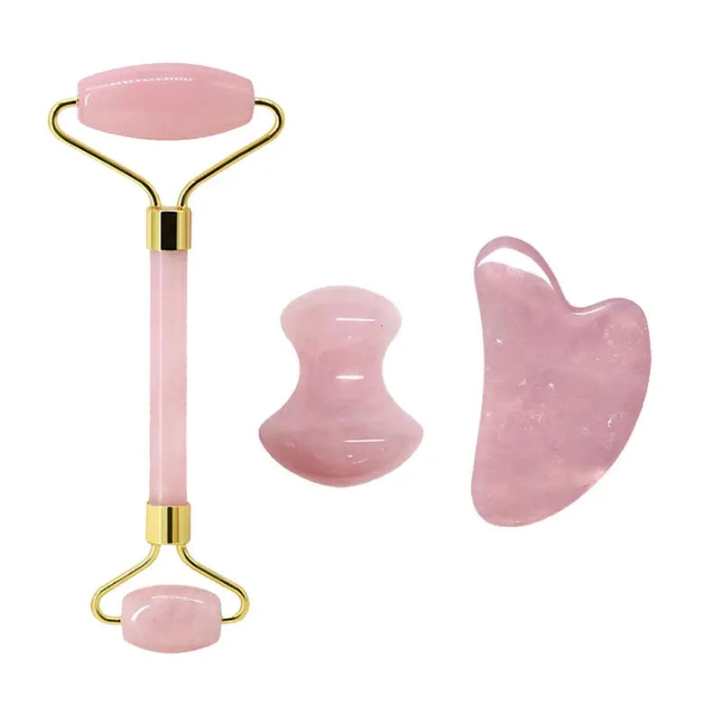 Set de masajeadores faciales de rodillo de jade y cuarzo rosa