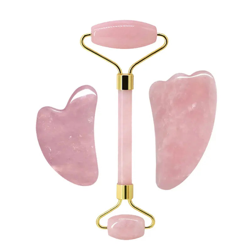 Set de masajeadores faciales de rodillo de jade y cuarzo rosa