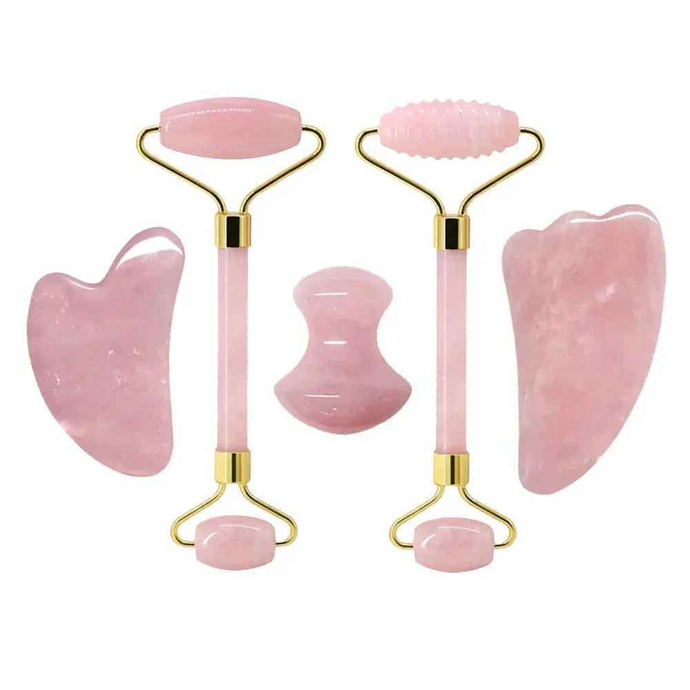 Set de masajeadores faciales de rodillo de jade y cuarzo rosa