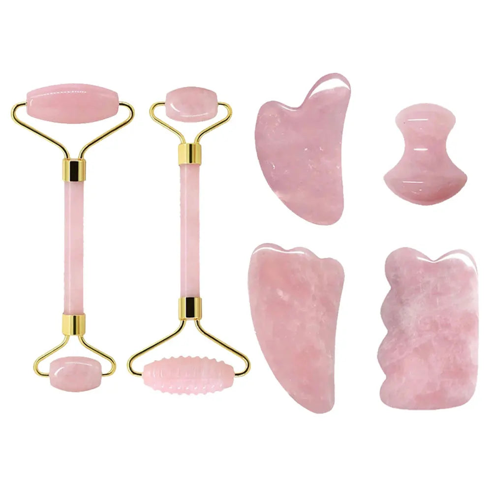 Set de masajeadores faciales de rodillo de jade y cuarzo rosa